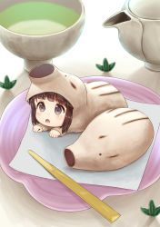 Rule 34 | 1girl, :o, animal costume, blunt bangs, blush, brown eyes, brown hair, chinese zodiac, chopsticks, commentary request, cup, food, leaf, long sleeves, looking up, lying, mimikaki (men bow), mini person, minigirl, new year, on stomach, open mouth, original, pig costume, plate, short hair, sidelocks, solo, tareme, tea, teapot, teeth, upper teeth only, v-shaped eyebrows, wagashi, year of the pig