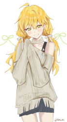 Rule 34 | 1girl, bare shoulders, black skirt, blowing kiss, blush, green eyes, green nails, grey sweater, grin, hair between eyes, haruri, highres, hoshii miki, idolmaster, idolmaster (classic), long hair, long sleeves, looking at viewer, low twintails, nail polish, off shoulder, signature, simple background, skirt, sleeves past wrists, smile, solo, standing, sweater, twintails, white background