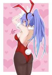 Rule 34 | 10s, 1girl, absurdres, airisubaka, alternate costume, alternate hairstyle, animal ears, ass, back, backless dress, backless outfit, bare back, blue hair, breasts, detached collar, dress, fake animal ears, female focus, fishnet pantyhose, fishnets, from behind, highres, iris heart, leotard, long hair, looking at viewer, looking back, neptune (series), pantyhose, playboy bunny, ponytail, pururut, rabbit ears, rabbit tail, red eyes, solo, symbol-shaped pupils, tail, wrist cuffs