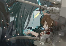 Rule 34 | 10s, 2girls, abyssal ship, blood, blue blood, blue skin, bobyuka, brown eyes, brown hair, cannon, clenched teeth, colored blood, colored skin, damaged, empty eyes, giant, giantess, glowing blood, hair ribbon, imai tetsuya, ise (kancolle), japanese clothes, kantai collection, machinery, multiple girls, ponytail, ribbon, ru-class battleship, size difference, skin tight, teeth, torn clothes, turret, white eyes