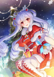 Rule 34 | 1girl, :d, absurdres, ahoge, blush, boots, box, capelet, christmas, christmas tree, dress, feet out of frame, gift, gift box, hair ornament, highres, ion (on01e), long hair, looking at viewer, matoi (pso2), open mouth, outdoors, phantasy star, phantasy star online 2, red eyes, ribbon, smile, solo, star (sky), thigh boots, tree, twintails, white footwear, white hair, wind