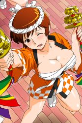 Rule 34 | 1girl, blush, breasts, brown eyes, brown hair, cleavage, covered erect nipples, from above, large breasts, official art, sarashi, short sleeves, solo, standing, super real mahjong, sweat, tabi, tanaka ryou, toyohara etsuko, wince