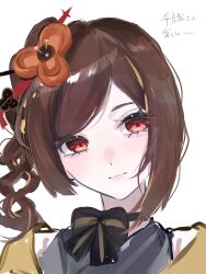 Rule 34 | 1girl, bow, brown hair, chiori (genshin impact), close-up, closed mouth, expressionless, genshin impact, hair ornament, highres, long hair, looking to the side, multicolored hair, onenne x, portrait, red eyes, sidelocks, sideways glance, simple background, sketch, solo, streaked hair, two-tone hair, white background