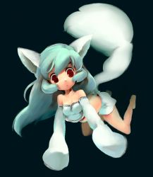 Rule 34 | all fours, animal ears, aqua hair, arched back, bad id, bad pixiv id, bare shoulders, barefoot, detached sleeves, long hair, poth, red eyes, solo, tail