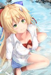 Rule 34 | 1girl, azur lane, bad id, bad pixiv id, bikini, bikini under clothes, blonde hair, bow, breasts, cleavage, collarbone, downblouse, green eyes, hair bow, highres, in water, large breasts, le temeraire (azur lane), long hair, long sleeves, open clothes, ponyaru, shirt, smile, solo, swimsuit, very long hair, wet, wet clothes, wet shirt