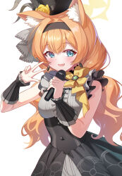 1girl :d absurdres animal_ears black_dress black_hairband blue_archive blue_eyes bow cat_ears cat_girl commentary dress earrings grey_dress hairband halo highres holding holding_microphone jewelry long_hair looking_at_viewer low_twintails mari_(blue_archive) mari_(idol)_(blue_archive) microphone official_alternate_costume official_alternate_hairstyle open_mouth orange_hair shinori_(efvbji6264) simple_background smile solo twintails two-tone_dress w white_background wrist_wrap yellow_bow yellow_halo