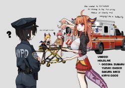 Rule 34 | 2girls, :&lt;, ?, ahoge, ambulance, baton (weapon), belt, black legwear, breasts, cardigan, confused, dongdong (0206qwerty), dragon girl, dragon horns, dragon tail, english text, full body, gradient hair, hat, highres, hololive, holster, holstered, horns, kiryu coco, kiryu coco (1st costume), large breasts, medic, misunderstanding, multicolored hair, multiple girls, new york city, new york city fire department, new york city police department, orange hair, paramedic, pink hair, police, police hat, police uniform, policewoman, sakura miko, sakura miko (casual), shoes, standing, stretcher, sweat, sweatdrop, tail, talking, tears, thighhighs, uniform, upper body, virtual youtuber, weapon, yellow cardigan