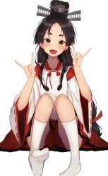 Rule 34 | 1girl, black hair, brown eyes, commentary request, double n/, full body, hair tie, hakama, high ponytail, highres, japanese clothes, kantai collection, kariginu, kyawadayooo, long hair, looking at viewer, miko, multi-tied hair, \\n/, nisshin (kancolle), red hakama, red ribbon, ribbon, short eyebrows, simple background, sitting, socks, solo, thick eyebrows, very long hair, white background, white socks