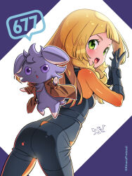 Rule 34 | 1girl, arched back, ass, blonde hair, breasts, brown coat, clothed pokemon, coat, commentary request, cosplay, cowboy shot, creatures (company), emma (pokemon), emma (pokemon) (cosplay), espurr, essentia (pokemon), eyelashes, game freak, gen 6 pokemon, gloves, green eyes, hands up, highres, jumpsuit, kinocopro, lillie (pokemon), long hair, looker (pokemon), looker (pokemon) (cosplay), medium breasts, nintendo, open mouth, orange shirt, outline, pokemon, pokemon (creature), pokemon sm, pokemon xy, shirt, small breasts, teeth, tongue, twitter username, upper teeth only, watermark, white background