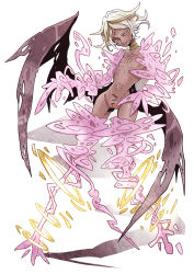 Rule 34 | 1girl, androgynous, bat wings, blue eyes, collarbone, dark-skinned female, dark-skinned male, dark skin, female focus, flat chest, full body, highres, looking at viewer, male focus, midriff, nipples, original, pussy, solo, standing, stitched mouth, stitches, towa-darkmistic, white background, white hair, wings