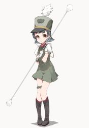 Rule 34 | 10s, 1girl, :o, alternate costume, arare (kancolle), black hair, blush, boots, brown eyes, cosplay, cross-laced footwear, full body, gloves, hat, highres, kantai collection, lace-up boots, bridal garter, looking at viewer, marching band baton, ooyama imo, short hair, simple background, skirt, solo, wanda (wonder festival), wanda (wonder festival) (cosplay), white background, white gloves, wonder festival mascots