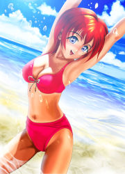 Rule 34 | 1girl, :d, \o/, armpits, arms up, beach, bikini, blue eyes, cloud, contrapposto, cowboy shot, day, dutch angle, hinomoto hikari, looking at viewer, mole, mole under eye, open mouth, outdoors, outstretched arms, partially submerged, red bikini, red hair, shopyun, short hair, sky, smile, solo, standing, submerged, swimsuit, tokimeki memorial, tokimeki memorial 2, wading, water, water drop