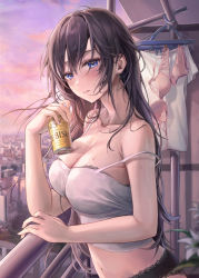 Rule 34 | 1girl, absurdres, aibek, armpit crease, balcony, bare arms, bare shoulders, beer can, black panties, blue eyes, bra, bra peek, breasts, brown hair, camisole, can, cleavage, clothes hanger, collarbone, commentary request, crop top, drink, drink can, drunk, elbow rest, evening, flower, highres, holding, holding drink, lace, lace-trimmed bra, lace-trimmed panties, lace trim, large breasts, long hair, looking at viewer, midriff, navel, no pants, original, panties, parted lips, pink bra, pink panties, railing, shirt, sidelocks, sky, sleeveless, sleeveless shirt, solo, spaghetti strap, stomach, strap slip, sweat, taut clothes, taut shirt, underwear, upper body, wet, white camisole, white flower, white shirt