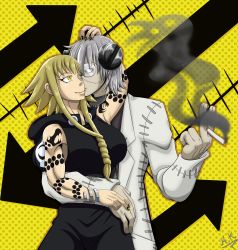Rule 34 | 1boy, 1girl, absurdres, blonde hair, brown eyes, cigarette, couple, franken stein (soul eater), glasses, hand on another&#039;s head, hand on another&#039;s hip, hand on own hip, highres, hug, hugging each other, kiss, lab coat, looking at another, medusa gorgon, muscular arms, nail, scar, scientist, smile, smoke, soul eater, tattoo, uniform, white hair, witch, yellow eyes