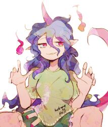 Rule 34 | 1girl, clothes writing, green shirt, green shorts, hair between eyes, highres, horns, long hair, open mouth, phantasmic, pointy ears, purple hair, purple horns, red eyes, shirt, short sleeves, shorts, simple background, single horn, solo, tenkajin chiyari, touhou, unfinished dream of all living ghost, white background