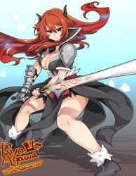 Rule 34 | 1girl, agawa ryou, airomed, ankle boots, armor, artist name, boots, borrowed character, breasts, broken armor, brown eyes, cleavage, cracked armor, fighting stance, gauntlets, high collar, horns, long hair, looking at viewer, medium breasts, orange hair, original, pauldrons, red hair, serious, shoulder armor, showgirl skirt, single gauntlet, solo, standing, sunrise stance, sword, thighs, watermark, weapon, web address, yellow eyes