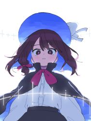 Rule 34 | 1girl, black capelet, black hat, black skirt, blouse, blue capelet, bow, bowtie, brown eyes, brown hair, capelet, eyebrows hidden by hair, fedora, hair bow, hat, hat bow, highres, long sleeves, looking at viewer, medium hair, nama udon, parted lips, red bow, red bowtie, shirt, skirt, solo, touhou, two-sided capelet, two-sided fabric, two-sided headwear, usami renko, white background, white bow, white shirt