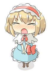 Rule 34 | 1girl, alice margatroid, arnest, blonde hair, blue dress, blush, boots, bow, brown footwear, chibi, closed eyes, dress, facing viewer, frilled hairband, frills, full body, hairband, medium hair, neck ribbon, nose blush, open mouth, red bow, red hairband, red ribbon, ribbon, shirt, short sleeves, simple background, solo, tearing up, touhou, white background, white shirt