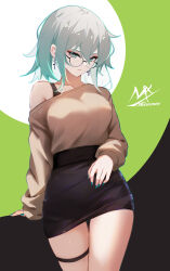 Rule 34 | 1girl, arm support, artist logo, artist name, black background, black skirt, breasts, brown sweater, collarbone, cowboy shot, earrings, glasses, green background, grey eyes, grey hair, hair between eyes, highres, jewelry, large breasts, long sleeves, looking at viewer, medium hair, multicolored background, nail polish, off shoulder, original, pencil skirt, round eyewear, shimmer, skirt, solo, standing, sweater, thigh strap