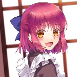 Rule 34 | 1girl, apron, blue bow, bow, breasts, commentary request, from side, hair bow, highres, kohaku (tsukihime), lo lis, looking at viewer, maid, maid apron, medium breasts, open mouth, orange eyes, pink hair, portrait, smile, solo, tsukihime