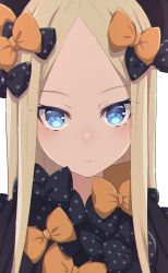 Rule 34 | 1girl, abigail williams (fate), absurdres, black bow, black dress, black hat, blonde hair, blue eyes, blush, bow, breasts, camui1104, dress, fate/grand order, fate (series), forehead, hair bow, hat, highres, long hair, long sleeves, looking at viewer, multiple hair bows, orange bow, parted bangs, polka dot, polka dot bow, ribbed dress, small breasts