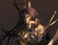 Rule 34 | 1girl, animal ears, antlers, arknights, bangle, blue eyes, blue hair, bracelet, brown jacket, chain, chinese commentary, covered mouth, dadijiji, deer ears, hand in own hair, highres, horns, jacket, jewelry, long hair, looking at viewer, material growth, off shoulder, oripathy lesion (arknights), parted bangs, solo, tsukinogi (arknights), upper body
