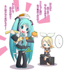 Rule 34 | ..., 2girls, angry, arm warmers, blonde hair, blue eyes, blue hair, bottle, bow, carrot, curry, curry rice, food, fruit, hair bow, hairband, hatsune miku, kagamine rin, leg warmers, long hair, multiple girls, necktie, orange (fruit), rice, shoes, short hair, skirt, smile, spoken ellipsis, spring onion, thighhighs, twintails, very long hair, vocaloid