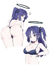 1girl :t absurdres all_fours arms_behind_back ass ass_focus bare_back black_bra black_halo black_panties blue_archive blue_eyes blush bra breasts cleavage commentary_request dressing frown groin halo highres komasi long_hair mechanical_halo medium_breasts multiple_views navel panties parted_bangs pout profile purple_eyes purple_hair red_pupils simple_background skindentation struggling tight_clothes two_side_up underwear underwear_only upper_body white_background yuuka_(blue_archive)