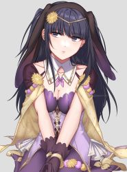 Rule 34 | 1girl, animal ears, black gloves, black hair, blunt bangs, blush, breasts, cape, closed mouth, commentary request, detached collar, fake animal ears, fire emblem, fire emblem awakening, fire emblem heroes, flower, gloves, grey background, grey eyes, hair flower, hair ornament, highres, jewelry, leotard, long hair, looking away, nintendo, official alternate costume, own hands together, pantyhose, peach11 01, playboy bunny, purple pantyhose, rabbit ears, simple background, sitting, solo, tharja (fire emblem), tiara, twintails, twitter username, wariza, yellow cape, yellow flower