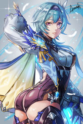 Rule 34 | 1girl, amasaki yusuke, ass, black hairband, blue hair, boots, breasts, capelet, cropped jacket, eula (genshin impact), expressionless, feathers, from behind, genshin impact, hairband, highres, holding, holding sword, holding weapon, jacket, leaning forward, long hair, looking back, medium breasts, purple eyes, solo, sword, thigh boots, thighhighs, weapon, white jacket