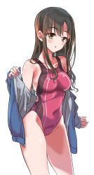 Rule 34 | 1girl, :o, absurdres, bare shoulders, blue jacket, blush, breasts, brown eyes, brown hair, casual one-piece swimsuit, collarbone, competition swimsuit, covered navel, groin, highres, idolmaster, idolmaster cinderella girls, jacket, kobayakawa sae, long hair, long sleeves, looking at viewer, medium breasts, off shoulder, one-piece swimsuit, open clothes, open jacket, parted lips, pink one-piece swimsuit, pizzasi, simple background, sleeves past wrists, solo, swimsuit, white background