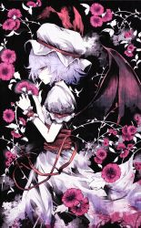 Rule 34 | 1girl, bat wings, black background, blood, blood on clothes, dress, flower, hat, hat ribbon, highres, light purple hair, mob cap, open mouth, profile, puffy sleeves, remilia scarlet, ribbon, sash, short hair, short sleeves, simple background, solo, touhou, uni (bom19850101), wings, wrist cuffs