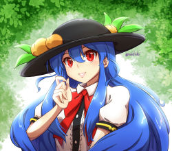 Rule 34 | 1girl, absurdres, artist name, black hat, blouse, blue hair, blush, bow, bowtie, breasts, buttons, closed mouth, collar, collared shirt, food, fruit, hair between eyes, hand up, hat, highres, hinanawi tenshi, leaf, long hair, looking away, medium breasts, peach, puffy short sleeves, puffy sleeves, rakkidei, red bow, red bowtie, red eyes, shirt, short sleeves, smile, solo, teeth, touhou, white shirt
