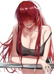 Rule 34 | 1girl, bare shoulders, black tank top, breasts, covered eyes, crop top, dan koflove, facing viewer, hair over eyes, highres, large breasts, long bangs, long hair, looking at viewer, open mouth, red hair, shermie (kof), smile, solo, tank top, the king of fighters, the king of fighters &#039;97, the king of fighters xv