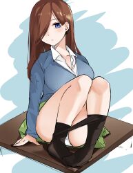 Rule 34 | 1girl, absurdres, alternate hairstyle, black pantyhose, blue background, blue eyes, blue sweater, blush, breasts, brown hair, clothes pull, dress shirt, earrings, feet, full body, go-toubun no hanayome, green skirt, hair over one eye, head tilt, highres, hoop earrings, jewelry, knees up, large breasts, long sleeves, looking at viewer, mame1645, miniskirt, nakano miku, no shoes, one eye covered, panties, panty peek, pantyhose, pantyhose pull, parted lips, school uniform, shirt, simple background, sitting, sketch, skirt, solo, straight hair, sweater, thighs, underwear, white background, white panties, white shirt