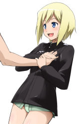 Rule 34 | 1girl, blonde hair, blue eyes, grabbing another&#039;s breast, breasts, erica hartmann, grabbing, guided breast grab, guiding hand, panties, short hair, small breasts, solo focus, strike witches, underwear, uniform, world witches series, youkan