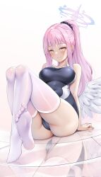 Rule 34 | 1girl, angel wings, ass, blue archive, blush, breasts, competition swimsuit, feathered wings, hair ornament, half-closed eyes, halo, highres, large breasts, long hair, looking at viewer, low wings, matrix16, md5 mismatch, mika (blue archive), no shoes, one-piece swimsuit, pink hair, reflection, resolution mismatch, sidelocks, soles, solo, source larger, swimsuit, thighhighs, tiles, white wings, wings, yellow eyes