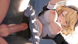 Rule 34 | 1boy, 1girl, apron, aqua eyes, black dress, black panties, black pantyhose, blonde hair, blush, braid, braided bangs, breasts, censored, clothing aside, commission, dress, erection, frilled apron, frills, from below, g36 (girls&#039; frontline), girls&#039; frontline, griffin &amp; kryuger military uniform, half-closed eyes, hetero, highres, imminent penetration, imminent vaginal, large breasts, looking down, maid, maid apron, maid headdress, mosaic censoring, navel, nipples, no bra, open mouth, panties, panties aside, pantyhose, penis, puffy short sleeves, puffy sleeves, short hair, short sleeves, skeb commission, smile, solo focus, spread legs, testicles, thighband pantyhose, tobimura, torn clothes, torn pantyhose, underwear, waist apron, white apron