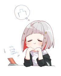 Rule 34 | 1girl, arms on table, black jacket, bob cut, cellphone, closed eyes, closed mouth, colored inner hair, commentary request, deformed, diagonal bangs, grey hair, hair ornament, head rest, highres, inverted bob, jacket, kanduki kamibukuro, link! like! love live!, love live!, multicolored hair, off shoulder, open clothes, open jacket, phone, phone stand, red hair, shirt, short hair, simple background, smartphone, smile, solo, spoken object, star (symbol), star hair ornament, streaked hair, thought bubble, translation request, u u, virtual youtuber, white background, white shirt, yugiri tsuzuri