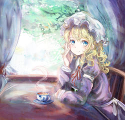 Rule 34 | 1girl, absurdres, blonde hair, blue eyes, chair, collared dress, cup, cyclo stars123, day, dress, hair between eyes, hand on own cheek, hand on own face, hat, highres, indoors, juliet sleeves, long sleeves, looking at viewer, maribel hearn, medium hair, mob cap, neck ribbon, puffy long sleeves, puffy sleeves, purple dress, red ribbon, ribbon, sash, saucer, sitting, smile, solo, sparkle, steam, table, tea, teacup, touhou, uwazumi, wavy hair