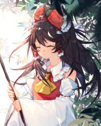 Rule 34 | 1girl, ascot, bare shoulders, black eyes, black hair, blurry, bow, branch, closed eyes, closed mouth, depth of field, detached sleeves, frilled bow, frilled hair tubes, frilled shirt collar, frills, hair bow, hair tubes, hakurei reimu, highres, holding, japanese clothes, leaf, light, light rays, long hair, long sleeves, looking at viewer, miko, red bow, red shirt, shirt, smile, solo, tian (my dear), touhou, upper body, wide sleeves, wind, wind lift, yellow ascot