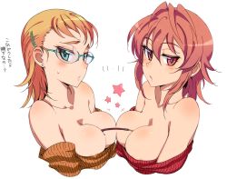 Rule 34 | 2girls, aqua eyes, areola slip, asymmetrical docking, bare arms, bare shoulders, between breasts, blonde hair, blush, body blush, breast press, breasts, cleavage, collarbone, earrings, female focus, food, glasses, hair between eyes, hair ornament, hairclip, jewelry, kusanagi tonbo, large breasts, looking at viewer, multiple girls, neck, off shoulder, orange hair, original, parted lips, pocky, red eyes, red hair, rimless eyewear, shiny skin, short hair, shy, simple background, smirk, star (symbol), striped, sweatdrop, translation request, upper body, vertical stripes, wavy mouth, white background, yuri