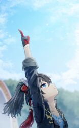 Rule 34 | 1girl, animal ears, arm up, black gloves, black hair, black jacket, blue sky, blurry, blurry background, closed mouth, ear covers, fugetsu (windmoon tw), gloves, highres, horse ears, horse girl, jacket, katsuragi ace (umamusume), long sleeves, looking up, medium hair, multicolored hair, open clothes, open jacket, outdoors, pointing, pointing up, ponytail, red gloves, sky, solo, streaked hair, two-tone gloves, umamusume, white hair