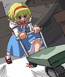 Rule 34 | 1girl, alice margatroid, blonde hair, blue dress, blue eyes, bobby socks, capelet, dress, dutch angle, female focus, hairband, mary janes, open mouth, pushing, sash, shoes, socks, solo, touhou, when you see it, white socks