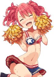 Rule 34 | 10s, 1girl, alternate hairstyle, bad id, bad twitter id, blush, cheerleader, closed eyes, highres, idolmaster, idolmaster million live!, maihama ayumu, midriff, multicolored hair, narumi arata, navel, open mouth, pink hair, pom pom (cheerleading), skirt, solo, sweat, twintails, two side up, wavy mouth