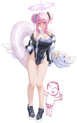 Rule 34 | 1girl, absurdres, angel wings, blue archive, blush, breasts, cleavage, covered navel, doodle sensei (blue archive), double bun, feathered wings, flower, fujioni, gluteal fold, grin, hair bun, hair flower, hair ornament, halo, highres, holding, holding swim ring, innertube, jacket, jacket partially removed, large breasts, long hair, looking at viewer, low wings, mika (blue archive), one-piece swimsuit, pink hair, purple halo, scrunchie, sensei (blue archive), shoes, sidelocks, smile, swim ring, swimsuit, swimsuit under clothes, thighs, two-tone swimsuit, white background, white wings, wings, yellow eyes