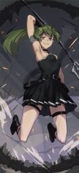 Rule 34 | 1girl, absurdres, arm strap, armlet, armpit focus, armpits, belt, black belt, black dress, black gloves, breasts, choker, commentary request, dress, evil grin, evil smile, fighting stance, gloves, green hair, grin, highres, holding, holding staff, holding weapon, jumping, long hair, looking at viewer, mage staff, medium breasts, o-ring, o-ring choker, purple eyes, sakazuki sudama, side ponytail, single glove, smile, solo, sousou no frieren, staff, suspenders hanging, thigh strap, ubel (sousou no frieren), weapon