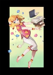 Rule 34 | 1girl, animal crossing, animal ears, black background, blonde hair, blouse, blue eyes, blush, book, brown hair, chinese clothes, elephant ears, elephant tail, flower, full body, gwayo, highres, margie (animal crossing), multicolored hair, nintendo, open mouth, personification, petals, pink shirt, shirt, solo, two-tone hair