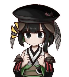 Rule 34 | 1boy, black eyes, black hair, black hat, black sleeves, closed mouth, colored inner hair, commentary request, detached sleeves, green hair, hands up, hat, indie virtual youtuber, japanese clothes, kimono, looking at viewer, male focus, multicolored hair, notice lines, short hair, simple background, sleeveless, sleeveless kimono, solo, tabinoki kanae, tabinoki kanae (1st costume), upper body, virtual youtuber, websci 3357, white background, white kimono