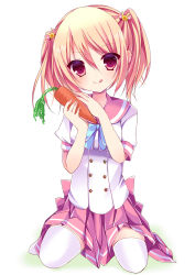 Rule 34 | 1girl, :q, ai 1003, blush, bow, breasts, carrot, closed mouth, food, full body, hair between eyes, hair bow, hair ornament, hands up, head tilt, highres, holding, holding food, light brown hair, looking at viewer, medium breasts, original, pink sailor collar, pink skirt, pleated skirt, puffy short sleeves, puffy sleeves, rabbit hair ornament, red eyes, sailor collar, school uniform, serafuku, shirt, short sleeves, sitting, skirt, smile, solo, striped, striped bow, thighhighs, tongue, tongue out, twintails, wariza, white background, white shirt, white thighhighs